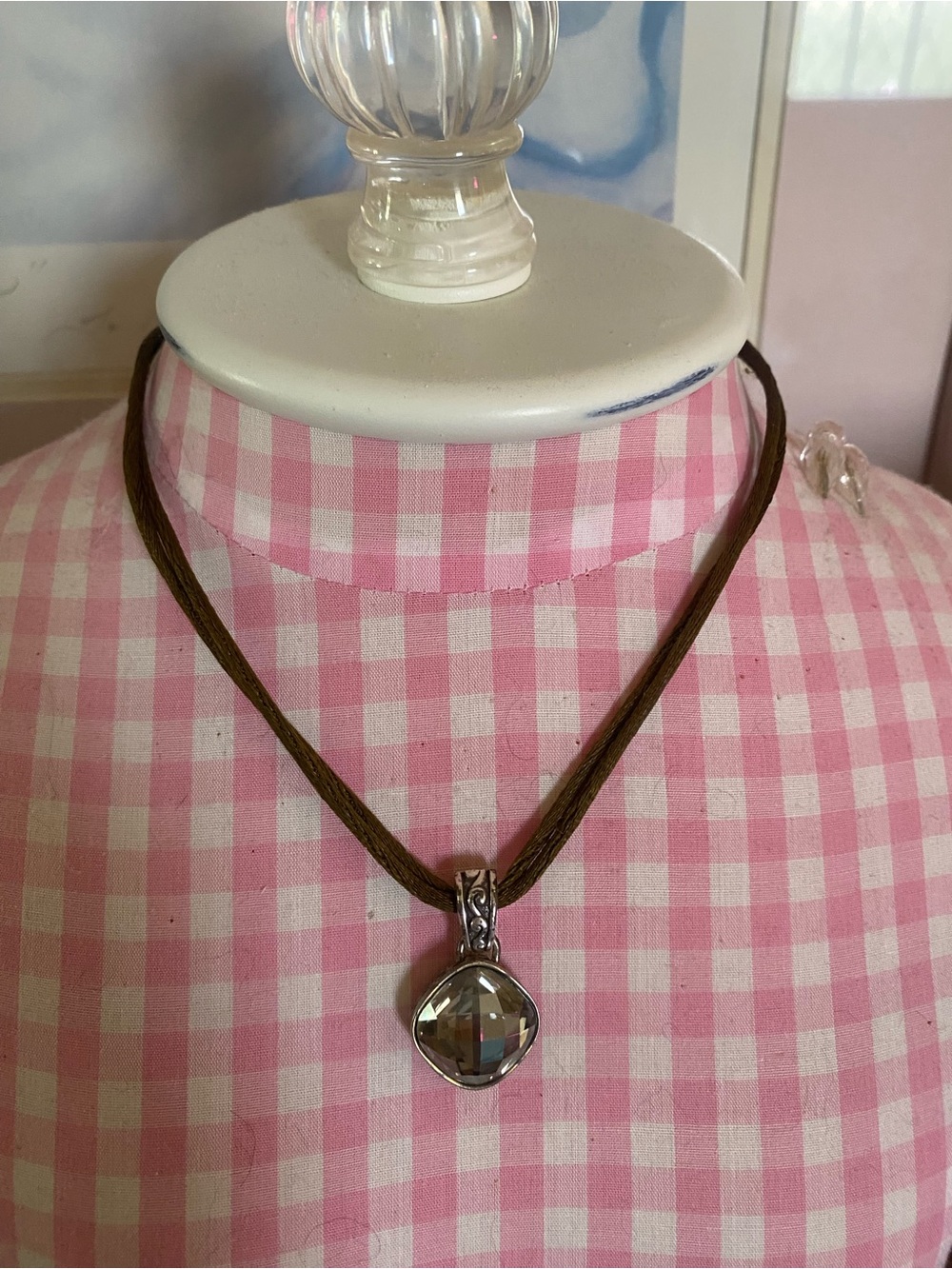 Brighton Silver-Tone Textured Pendant on Brown Cord